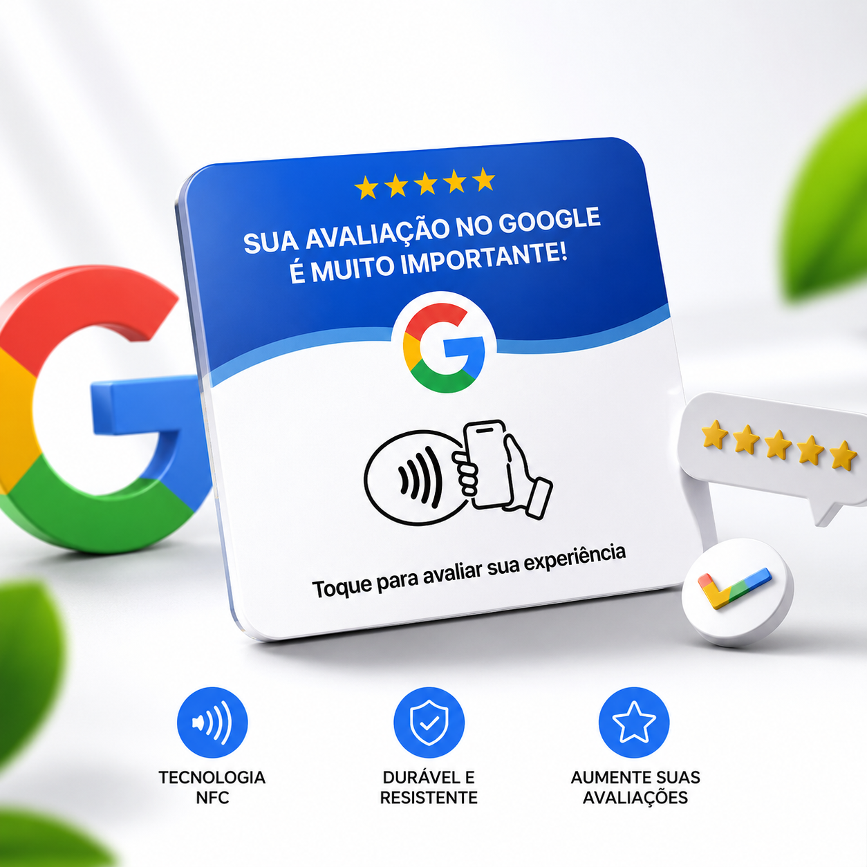 Plaquinha de avaliação Google — produto físico quadrado com cantos arredondados